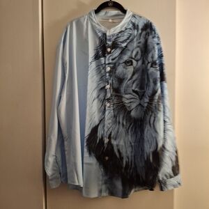 Men's Blue Lion Print Casual Button Down Shirt